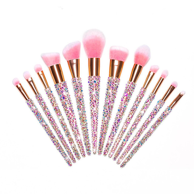 12 pcs Glitter Pink Bling Makeup Brushes Set